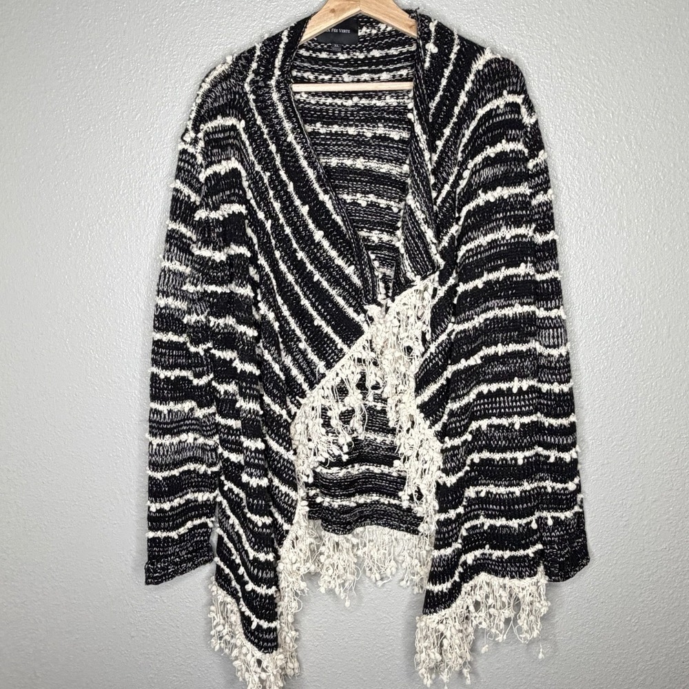 Anthropologie La Fee‎ Verte Boho Fringe Cardigan Sweater Black White Striped XL